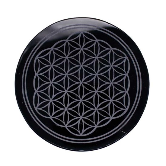 4" Obsidian, Black Flower of Life altar tile - Click Image to Close