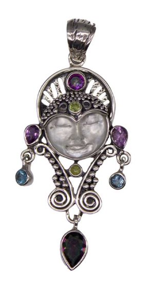 Amethst, Mother of Pearl Face, Qtz, Peridot, Blue Topaz pendant - Click Image to Close