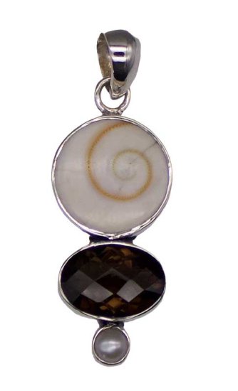 Shiva Eye Shell pendant w/ Fresh Water Pearl and Smoky Qtz - Click Image to Close